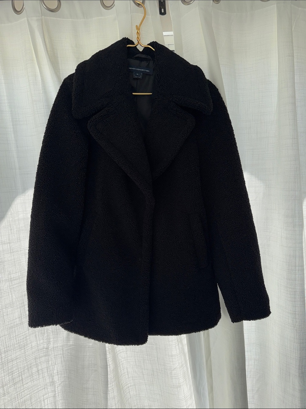 Women's Black Faux Teddy Coat with Wide Collar